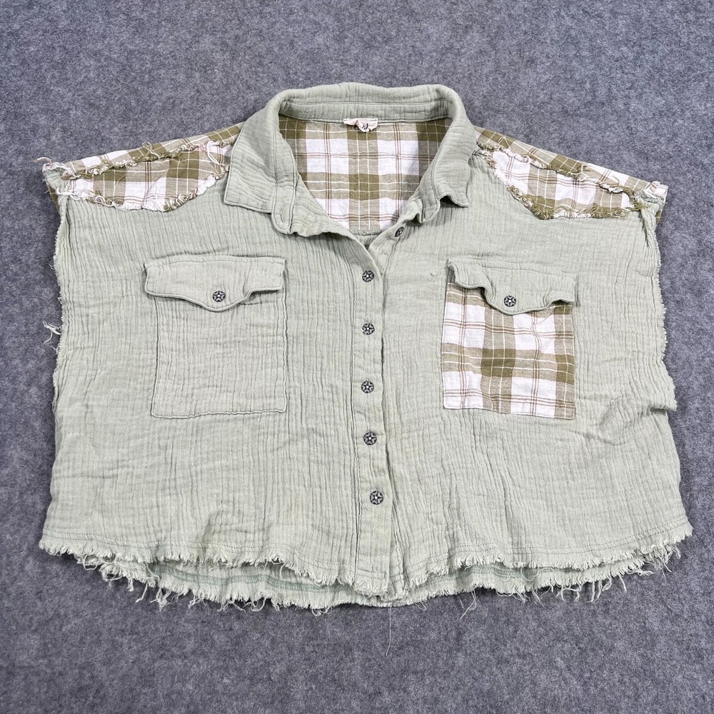 POL Green Plaid Patchwork Gauze‎ Cut-Off Spliced Crop Top Women's Size Medium